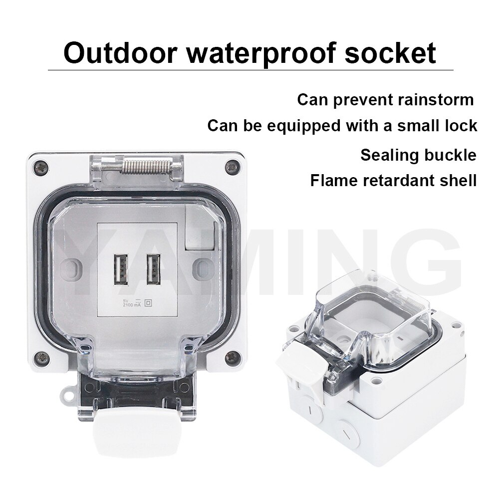 Interruptor de pared USB impermeable para exteriores, enchufe oculto a prueba de lluvia con cubierta protectora, tipo 86, IP66
