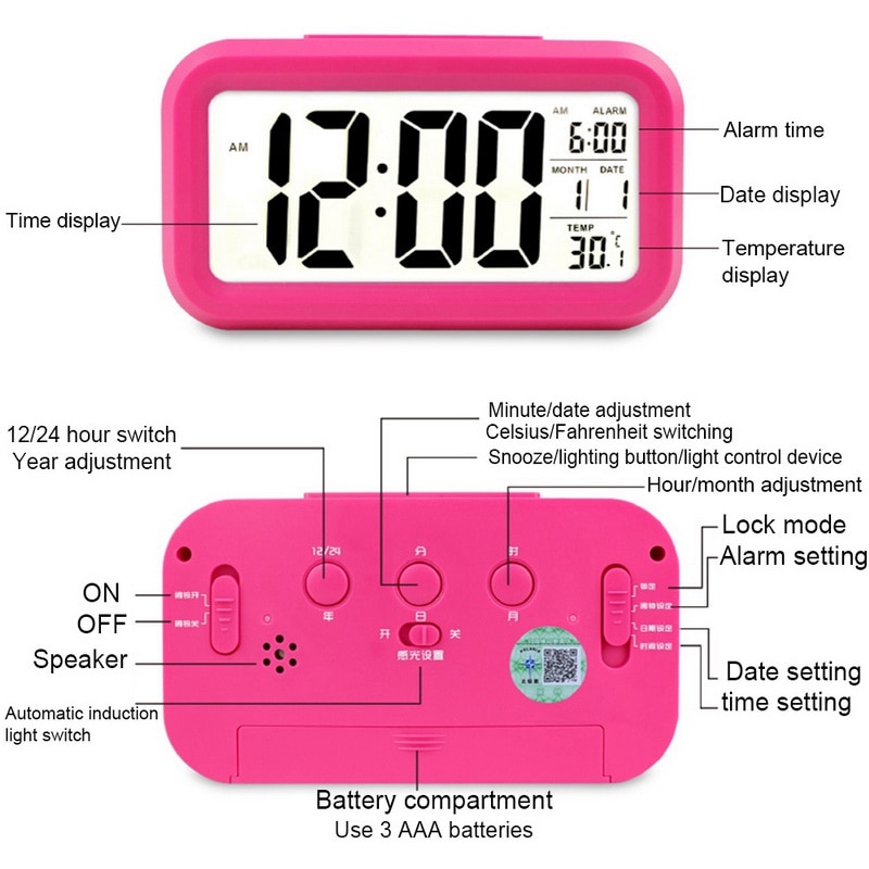 LED Digital Alarm Clock Time Date Large Display Backlight Display Temperature Electronic Calendar Snooze Function Desk Clocks