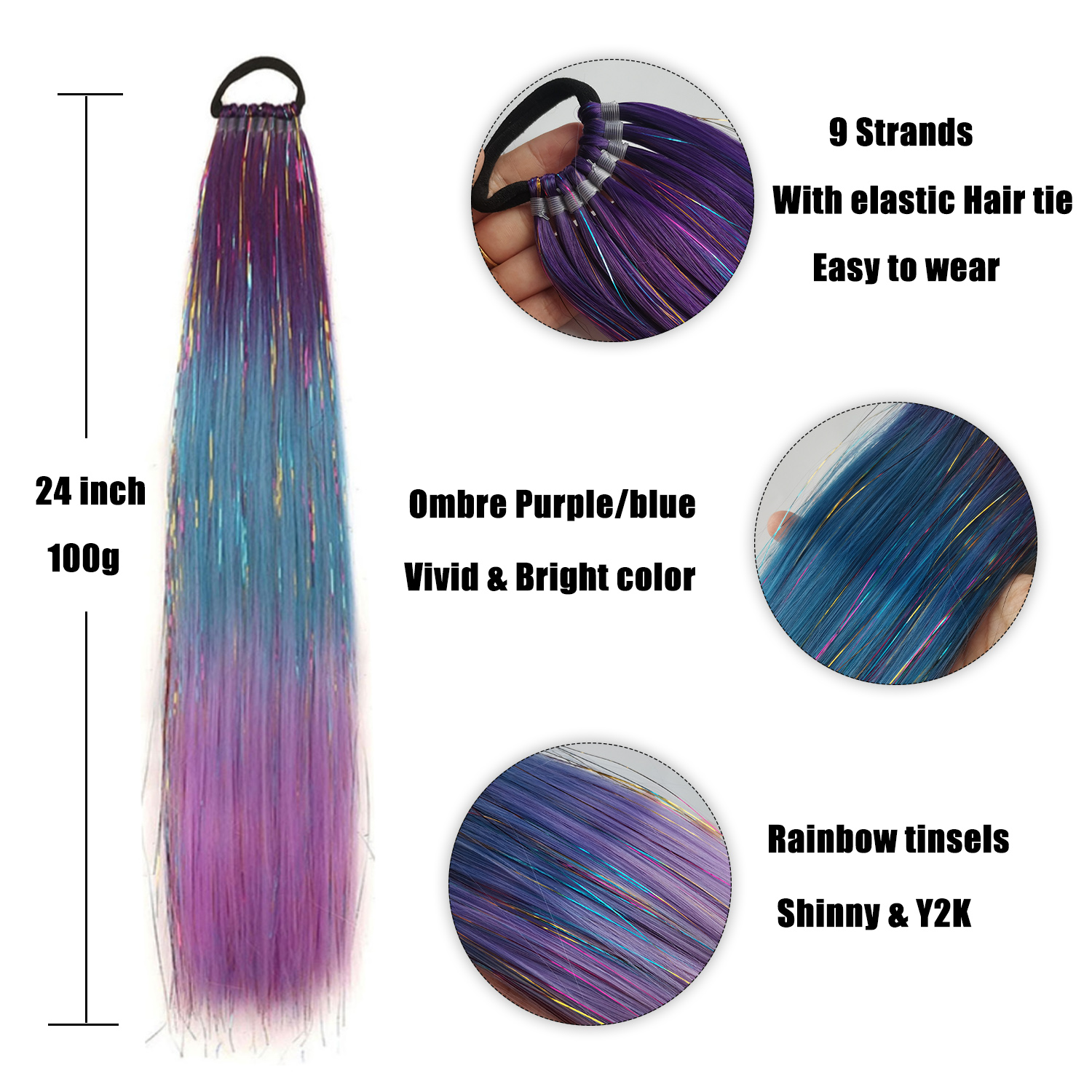 Extensão de rabo de cavalo roxo azul com laço de cabelo elástico glitter trança de cabelo para crianças meninas cabelo louco dia corajoso cabelo