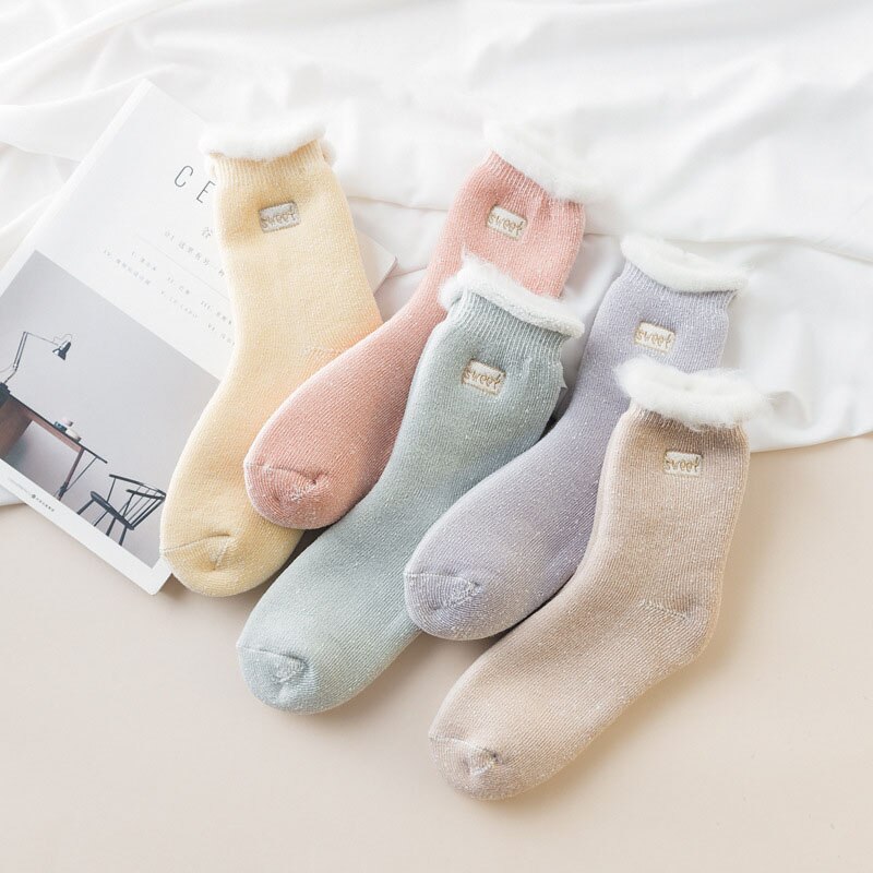 Plus Velvet Thick Wool Socks Women Winter Warm Cotton Inner Socks Candy Color Casual Fluffy Home Floor Socks Sokken