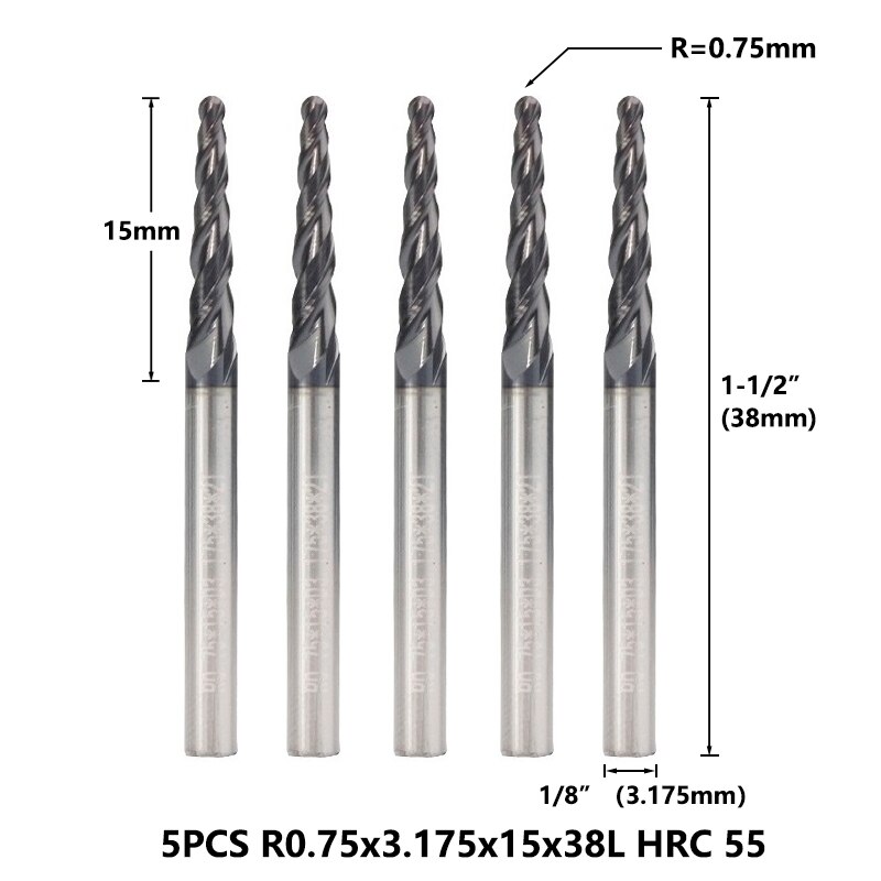 Xcan konisk kuglenæse endefræser 1/8 '' (3.175mm)  skaft supercoated hårdmetal fræser 5 stk sæt træ metal graveringsbit: R0.75 hrc 55