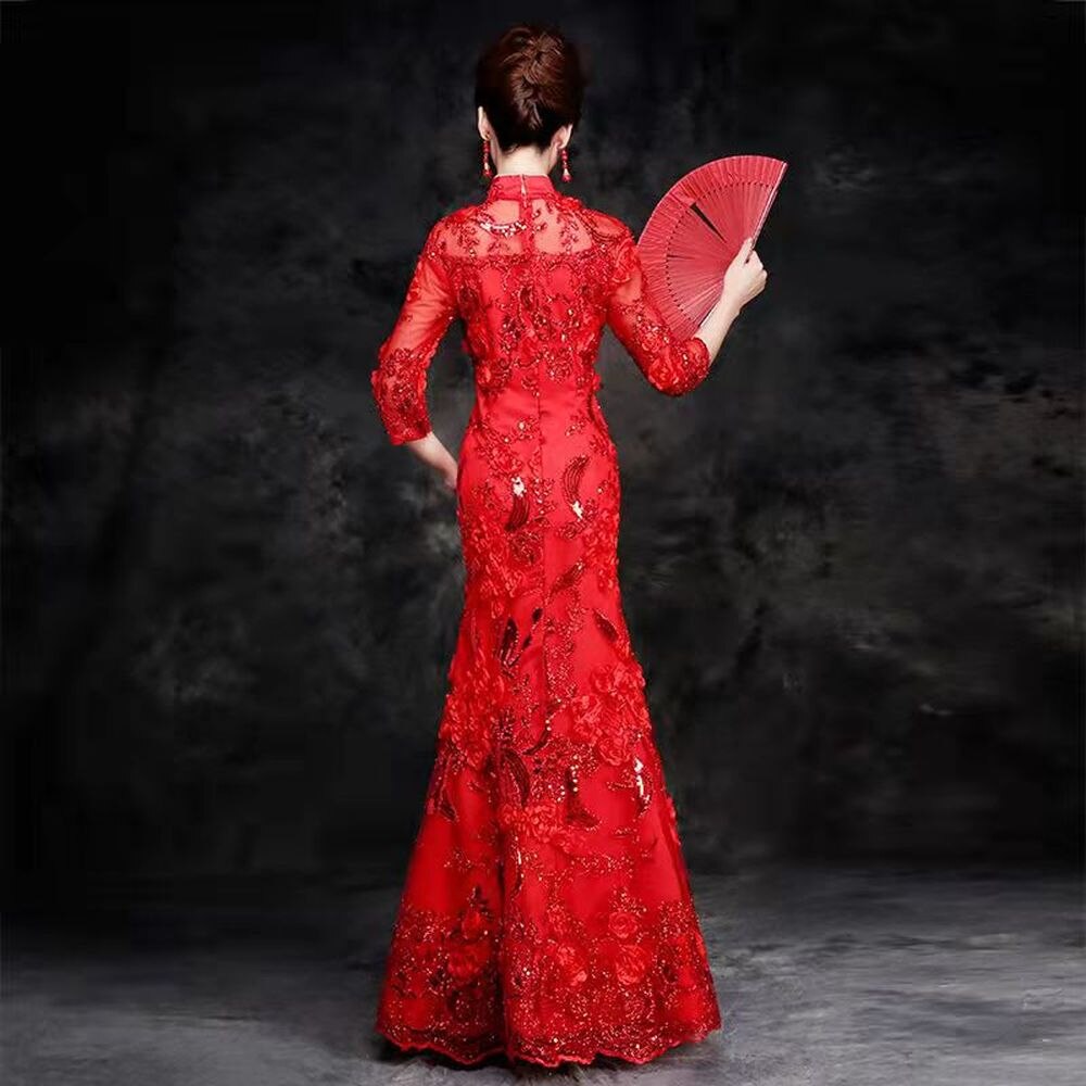 Lace Chinese Red Wedding Dress Sexy Queen Oriental Party Female Cheongsam Stage Show Qipao Celebrity Banquet Dresses