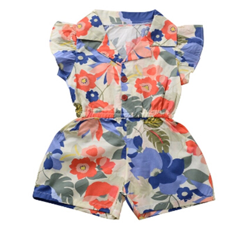 Børn overall småbørn baby pige solsikke print flæse jumpsuit playsuit kortærmet sommer stretch v-hals