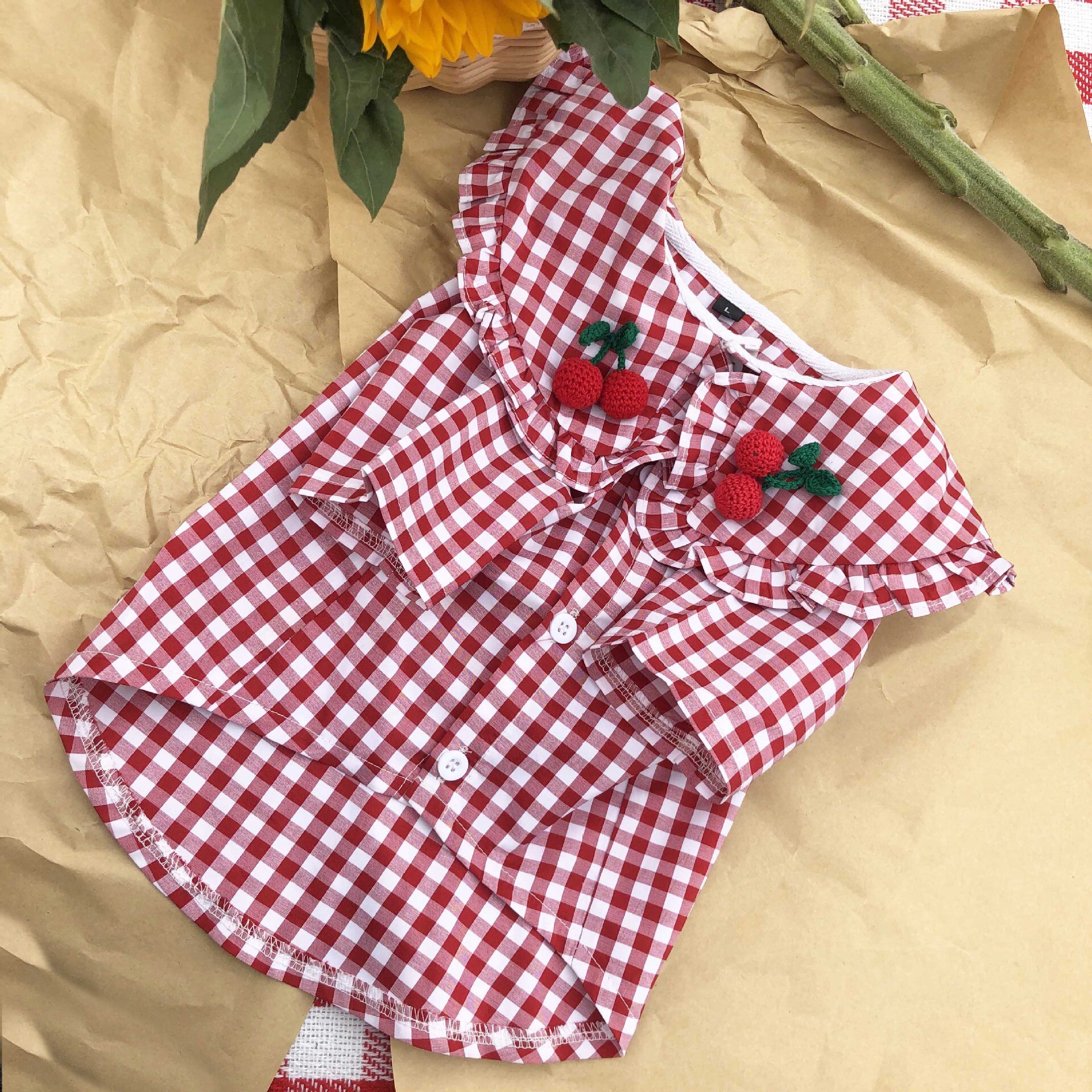 Katoen Plaid Shirt Pet Kleding Honden Beer Cartoon Dunne Shirt Rood Cherry Plaid Korte Mouwen Puppy Teddy Franse Bulldog schnauze