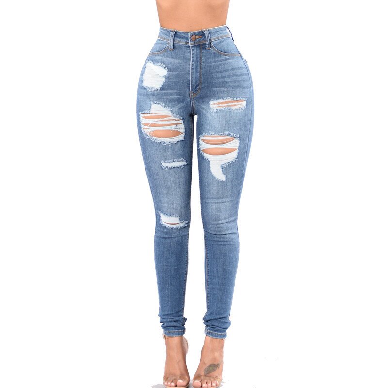 Dilusoo Vrouwen Hoge Taille Jeans Broek Elastische Gaten Denim Jeans 4 Seizoen Potlood Broek Ripped vrouwen Casual Jeans Broek: XL