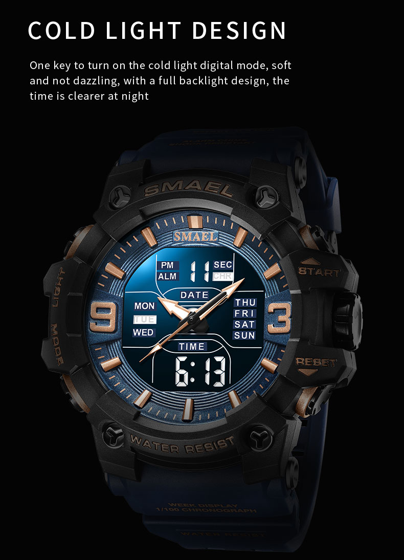 Smael 8049 Horloge Sport Led Licht Wekker Dual Time Display Waterproof Week Auto Date Polshorloges Quartz