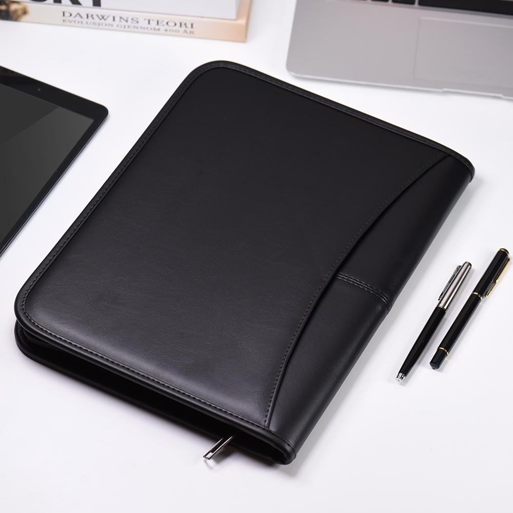 Carpeta de documentos A4 de cuero PU para oficina, carpeta Padfolio multifunción, con cierre con cremallera y tarjeta de visita