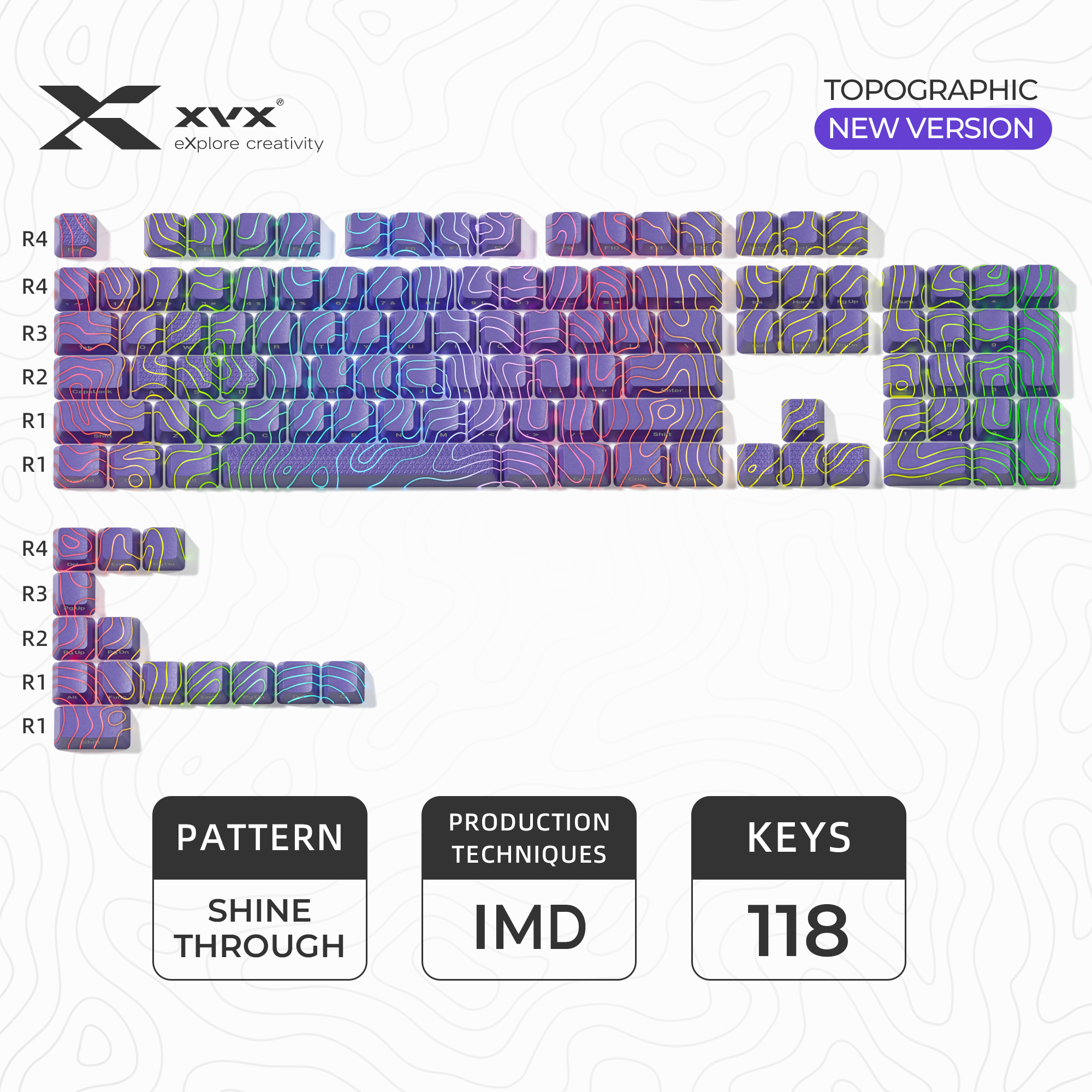 XVX Topographic Version Pattern Shine-Through OEM Profile IMD-Tech Keycap Set 118 keys: GRAY