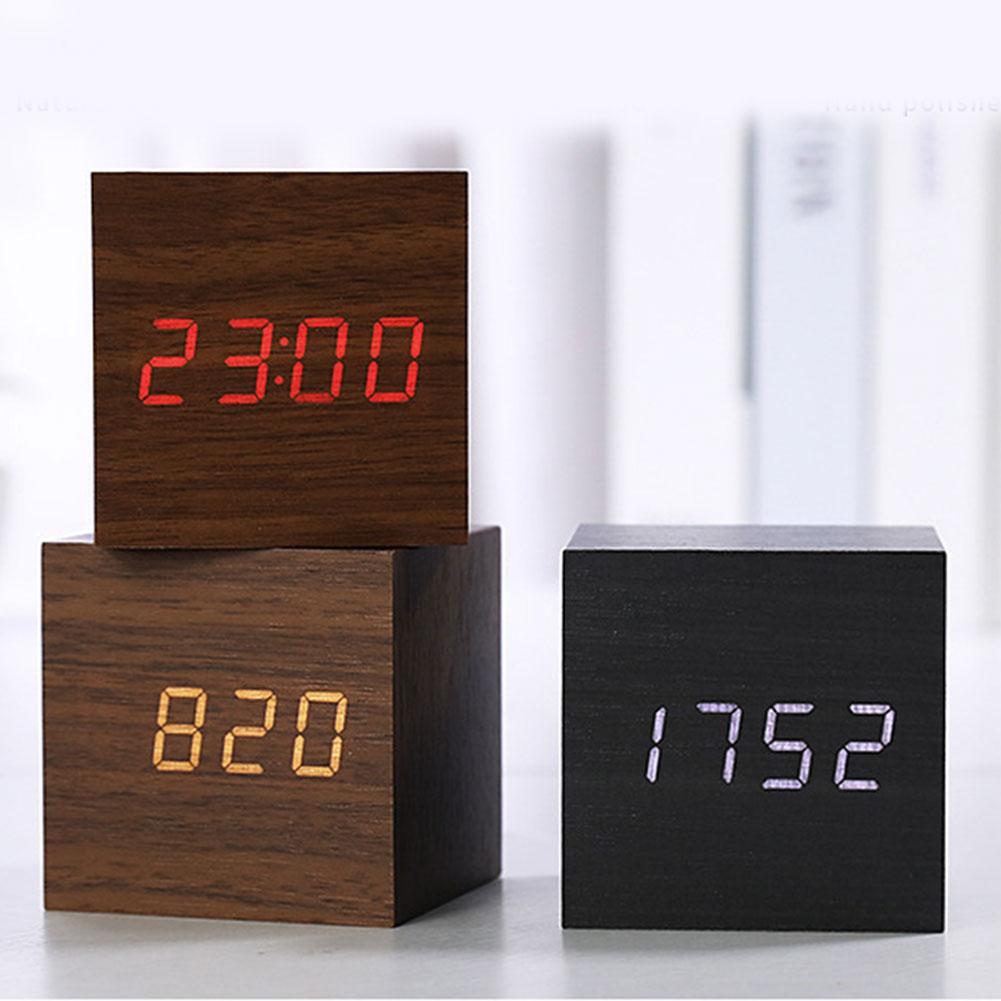 Alarm Clock LED Wooden Watch Table Voice Control Digital Wood Despertador USB/AAA Powered Electronic Desktop Clocks