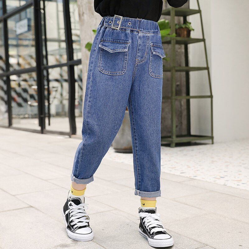 automne bébé filles jean avant patch poche Denim pantalon ceinture décoration enfants pantalons enfants filles jean pantalon décontracté
