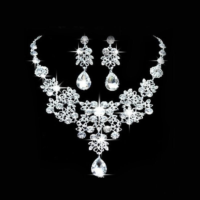 Bryllup brude formelle fest prom smykker krystal rhinestone halskæde øreringe sæt: Hvid