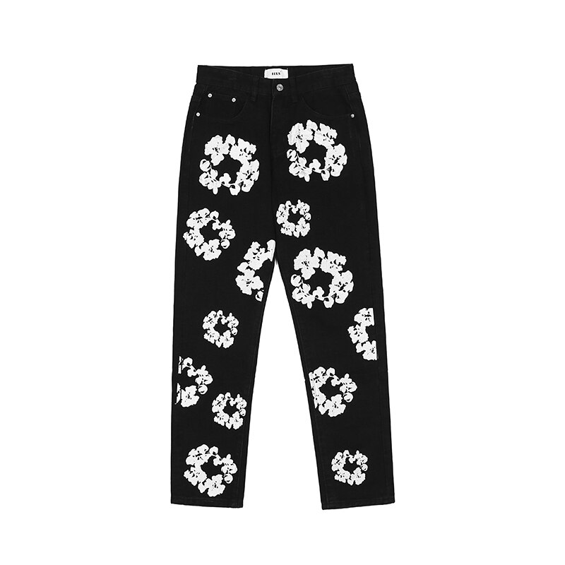 Harajuku – jean droit déchiré surdimensionné pour homme, pantalon en Denim, imprimé pleine fleur, Style Vibe, décontracté, Patchwork: Black / XXL