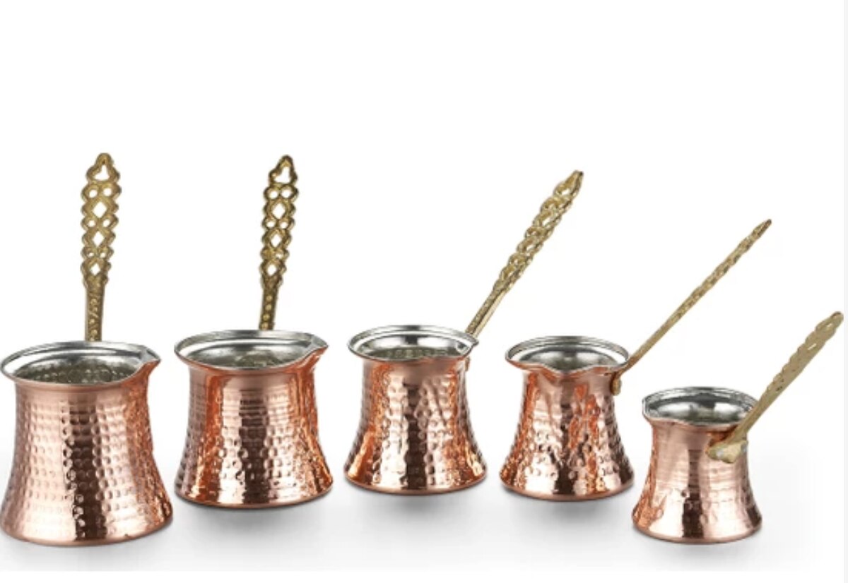 Hand Gehämmert Kupfer Türkischen Kaffee Topf, ein Krug Vintage Jazzva, Briki Messing Griff: 5 PCS (1-5 Cups)