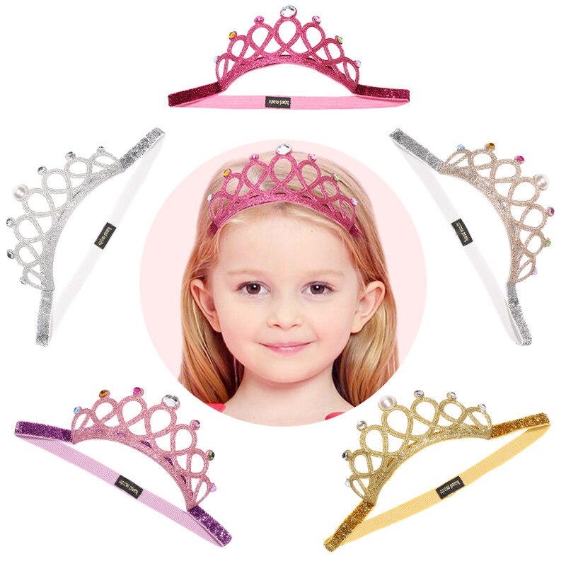 1pcs Glitter Rhinestone Crown Headband Girls Kids Child Rhinestones Princess Headband Elastic Hair Crown Tiara