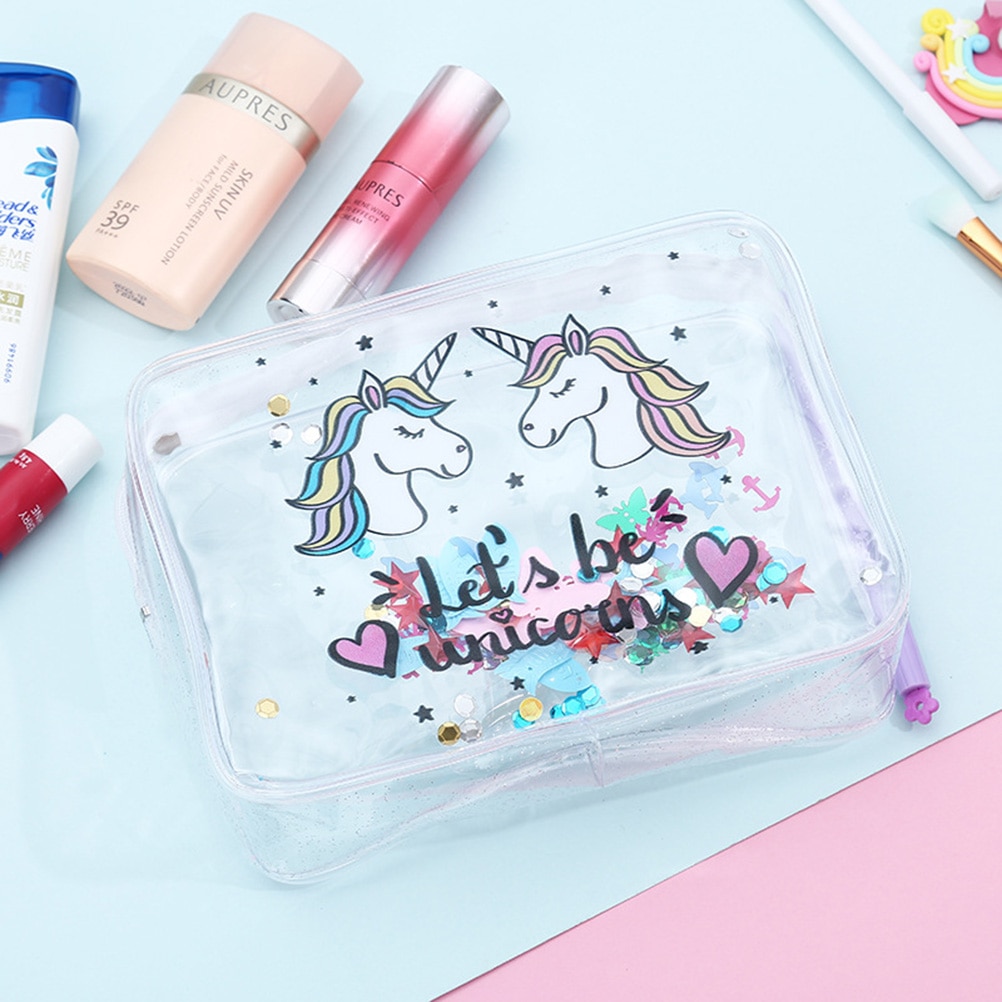 Women Makeup Bag Transparent Cartoon Unicorn PVC Makeup Bag Waterproof Cute PVC Travel Makeup Cosmetic Toiletry Zip Bag Pouch