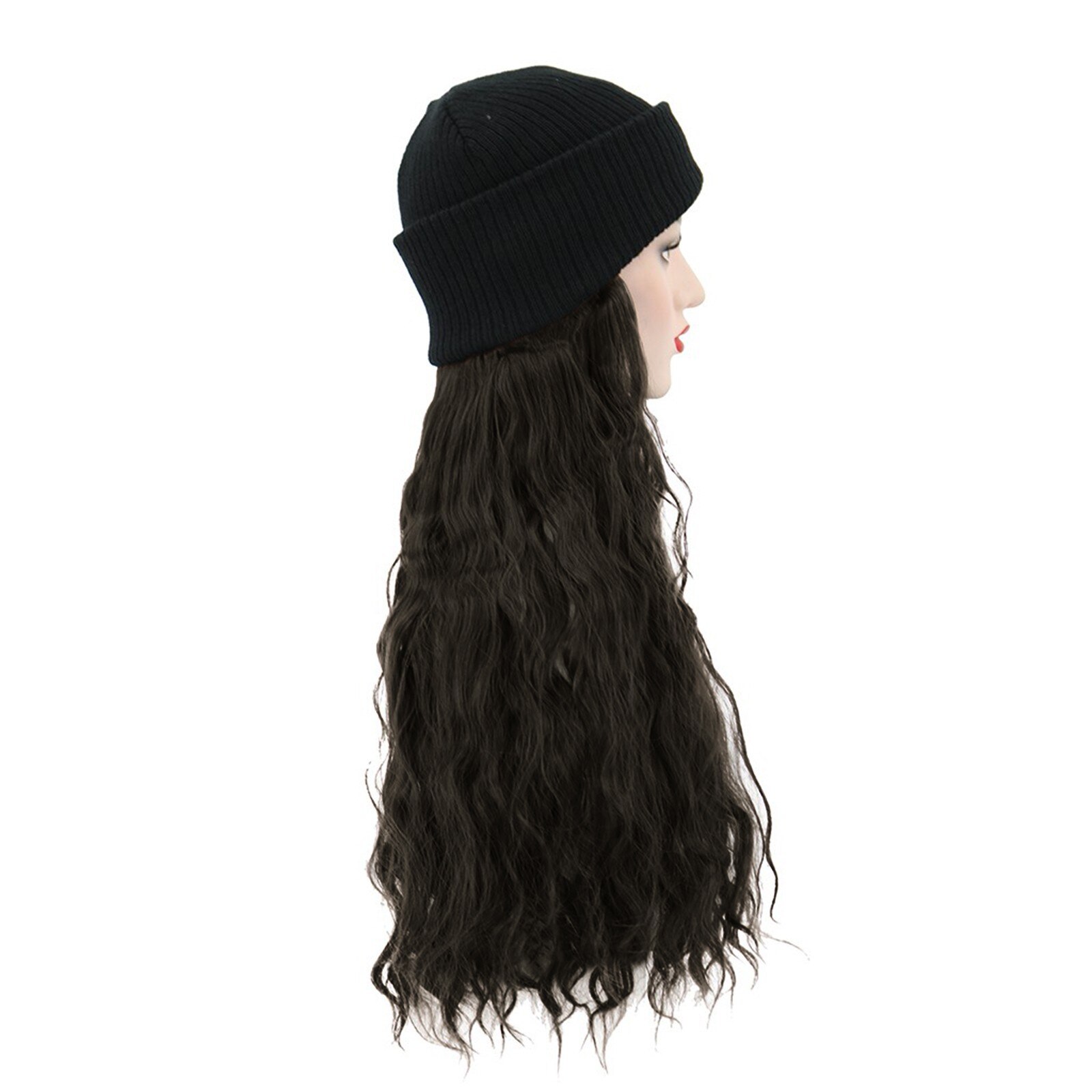 Synthetische Lang Krullend Knit Skiën Winter Hoeden Met Haar Pruik Beanie Bevestigd Hoed Pruik Voor Meisje Hangen Natuurlijke Katoen gemaakt #128