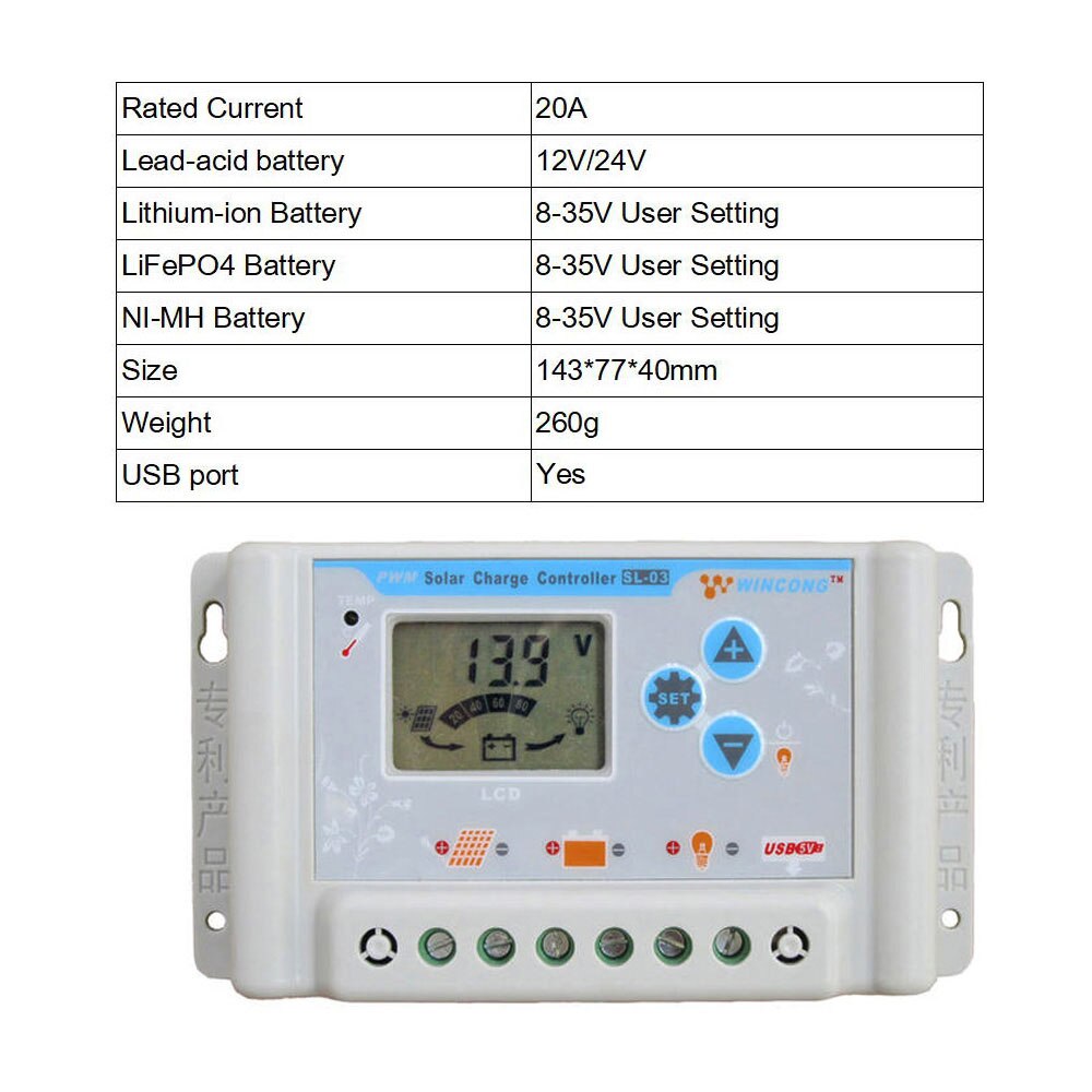 1Stck 10A 20A 30A Wincong Solar- Laderegler 12V 24V LI LI-Ion NI-MH LiFePO4 Batterie Regler Einstellbar: SL03-20A