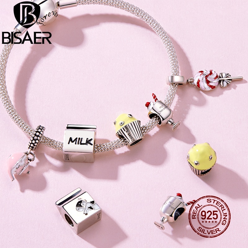 BISAER Nachmittag Tee Serie Reize 925 Sterling silber Cupcake Teekanne Lutscher Perlen Anhänger passen Original Armbänder Schmuck