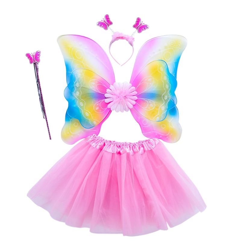 4Pcs Girls Fairy Costume Set Rainbow Butterfly Wings Three Layers Tulle Tutu Skirt Wand Headband Princess Halloween Party 3-8T: Pink