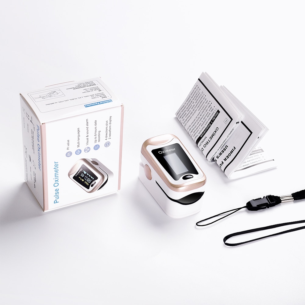 Fingerspids puls oximeter finger de pulso dedo hjemme puls oxymeter pulsioximetro med engelsk og portugisisk sprog oled