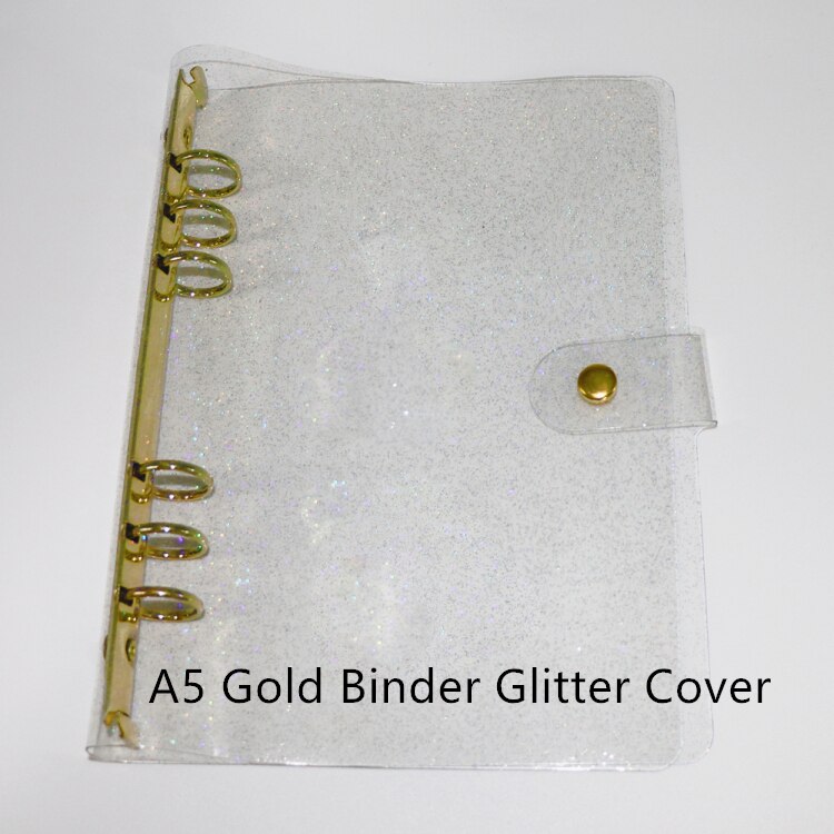 A5 A6 Glitter Binder Cover Soft Clear PVC Notebook Rose Gold Round Ring Protector with Snap Closure DIY Journal Planner Cover: A5 Glitter Gold