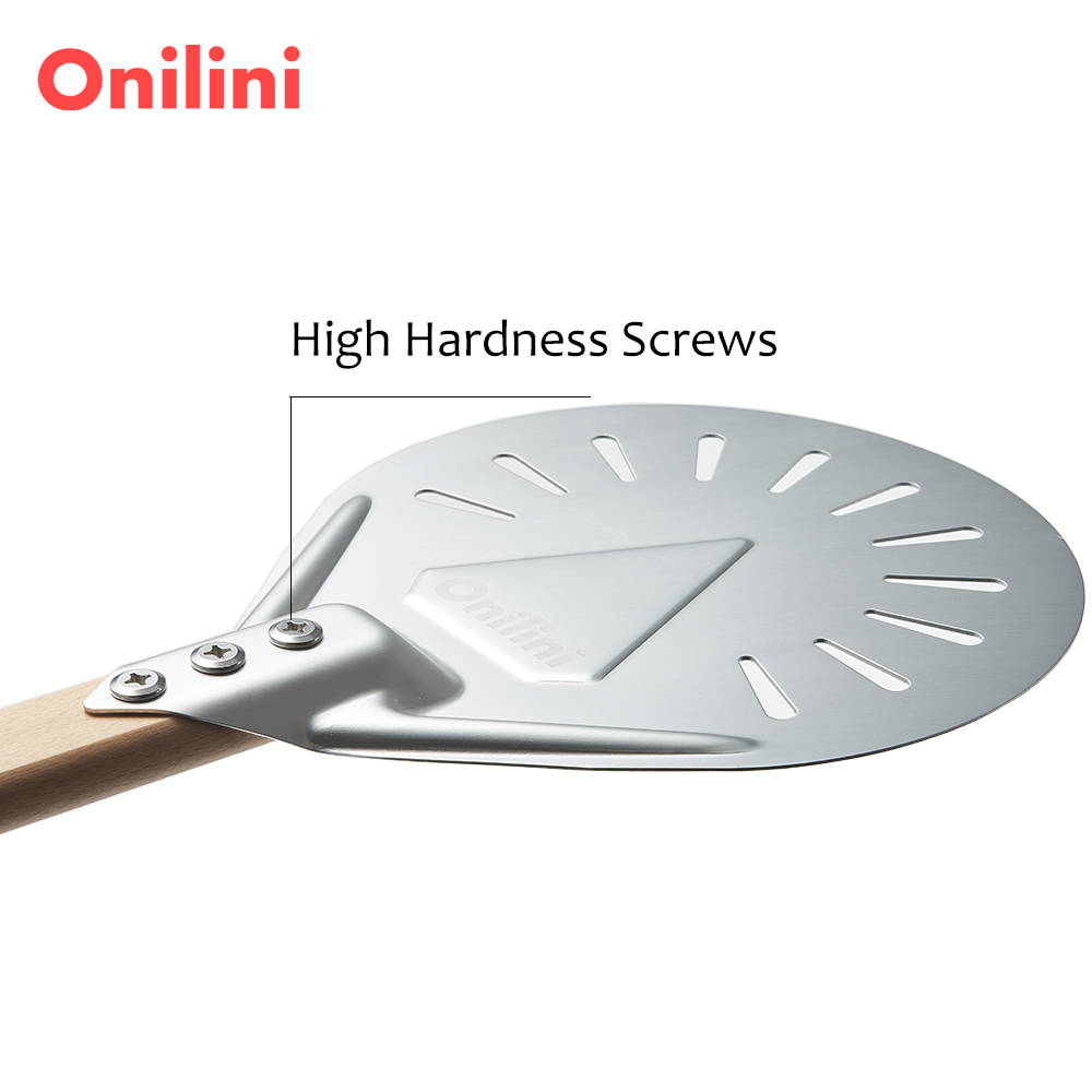 Onilini 7/8/9 inch Perforated Pizza Peel Anodized Wooden Handle Short Pizzas Shovel Pizza Shovel Paddle with Free Spoon