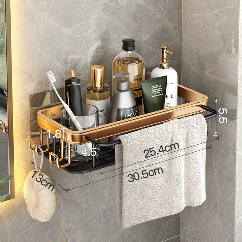 Iskemätön kylpyhuone hylly hyllyt shampoo suihku säilytysteline keittiön pidike wc keittiön järjestäjä kylpyhuonetarvikesarja: Kultainen tangolla