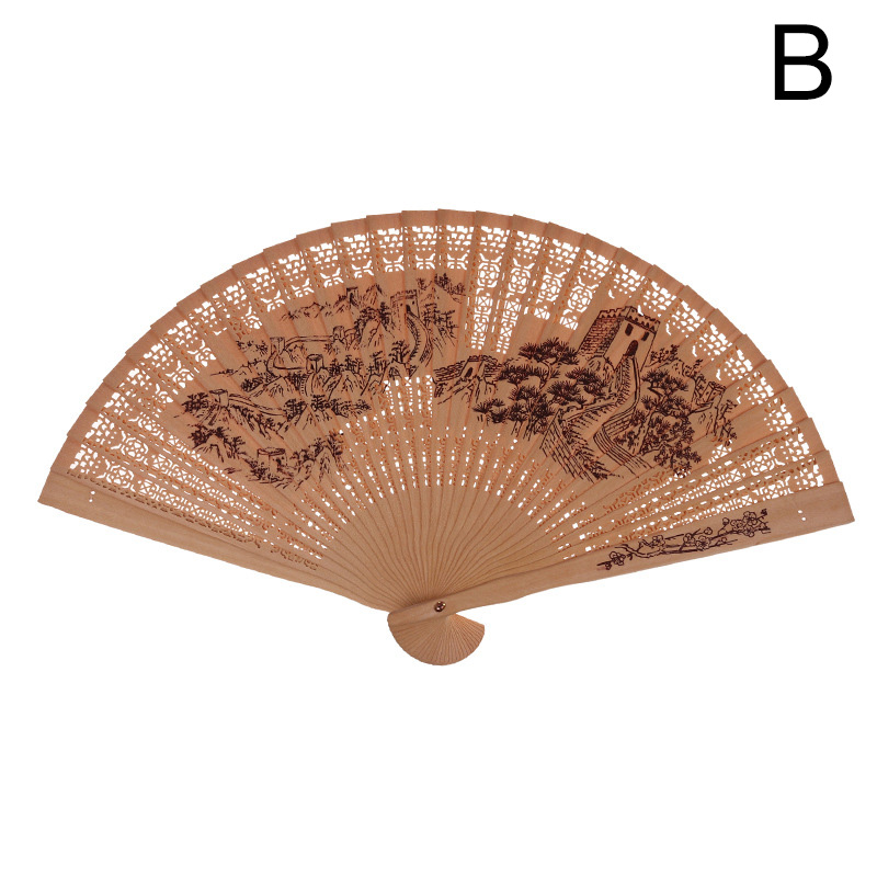 Chinese Folding Fan Incense Wood Hand-cranked Fan Sandalwood Hollow Hand-held Fan Wood Carving Printing Decorative Craft Fan: B