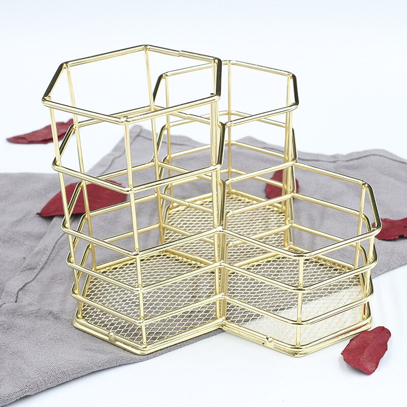 Metalen zeshoekige gouden pennenhouder, make-upborstelhouder, organizer, bureau-organizer voor stationaire opslag, kantooraccessoires, decoratie: Goud