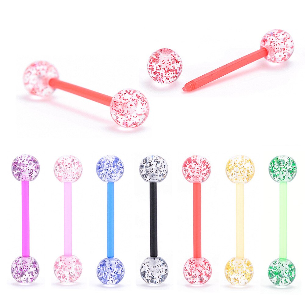 8pcs/lot Soft Acrylic Barbell Sex Tongue Piercing Tongue Rings Flashing Powder Plastic Nipple Ring Ear Body Jewelry