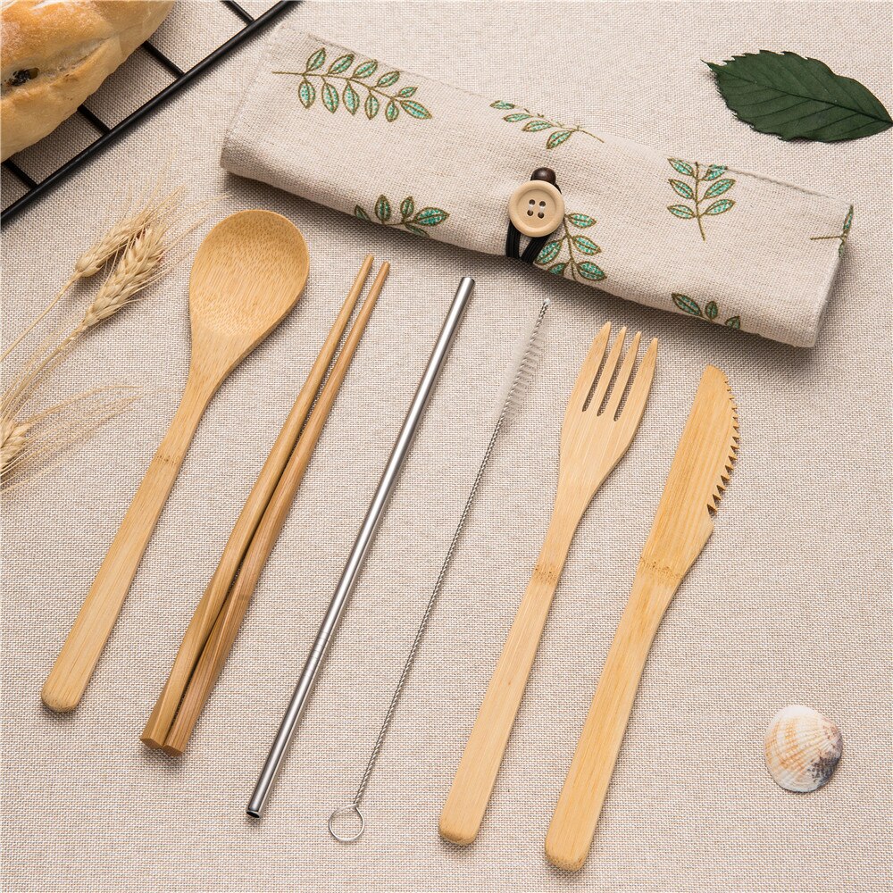 7pcs Reizen Bestek Hout Draagbare Servies Set Houten Bestek Sets Reizen Serviesje Pak Milieu met Doek Bag: 7pcs set003