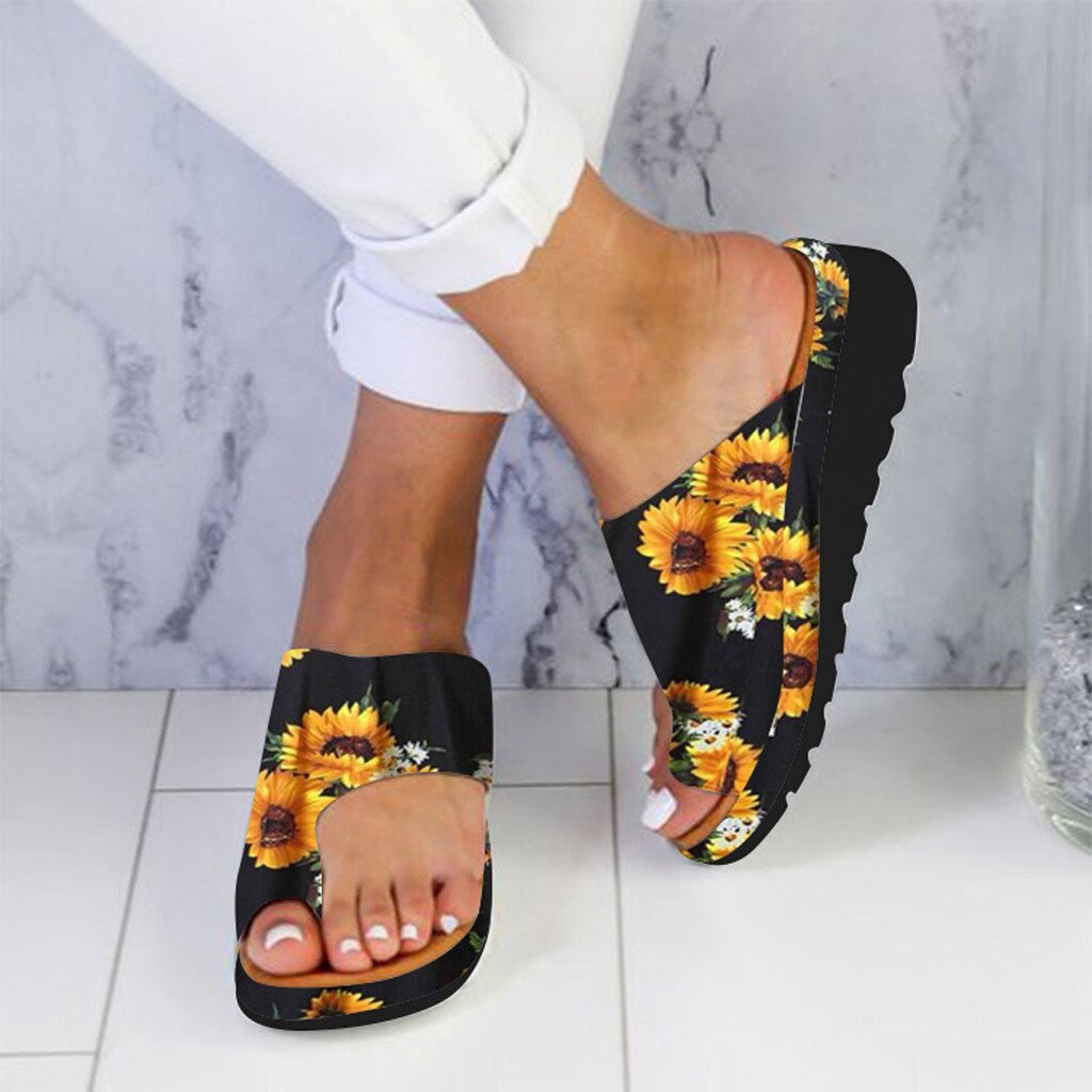 Womens Sunflower Print Sandals Flats Wedges Slipper Ladies Open Toe Beach Shoes Roman Slippers #ss