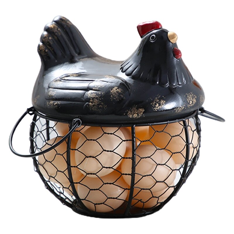 Egg Holder Iron Chicken Shape Ceramic Hen Ornament Fruit Storage Basket Durable: Black
