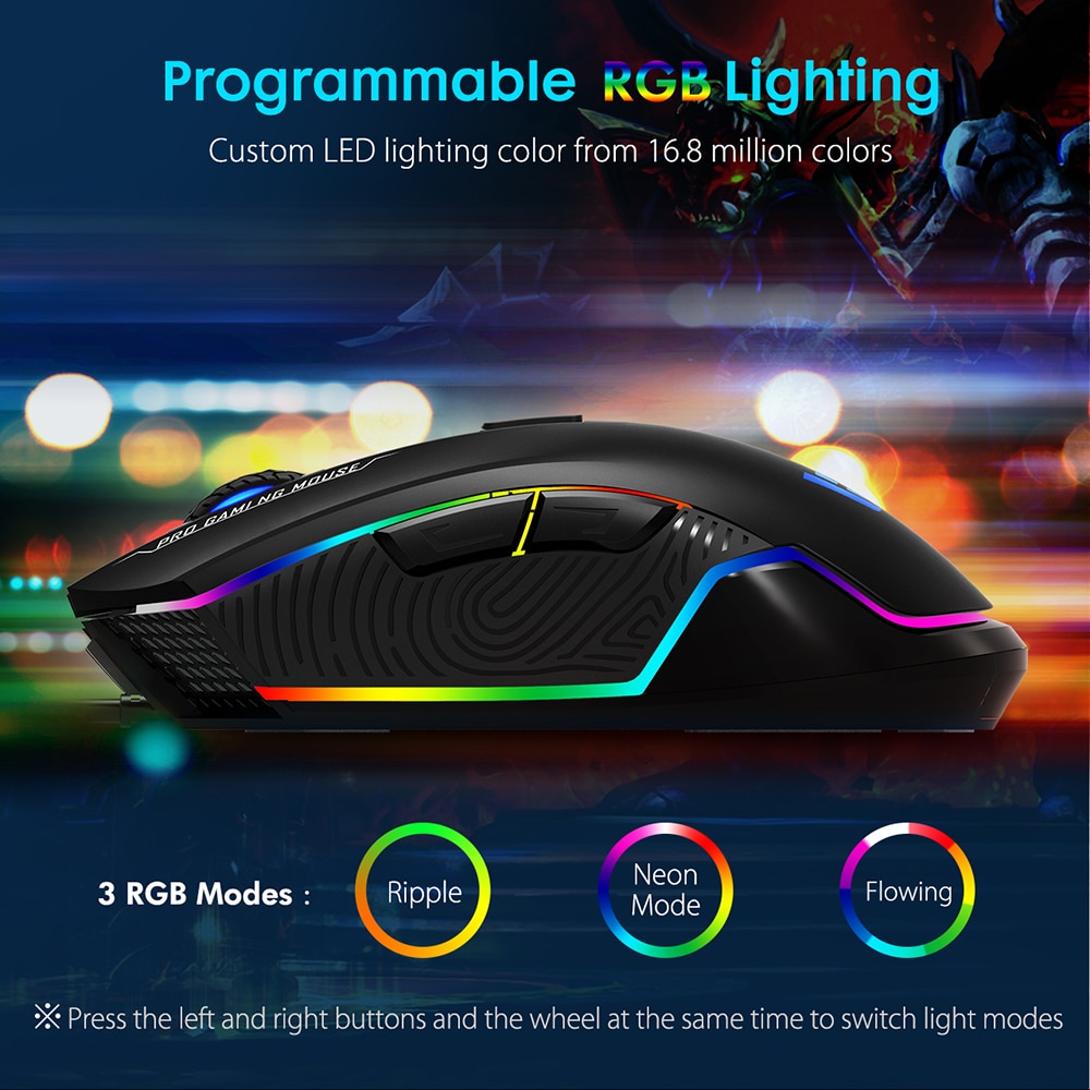 VicTsing PC109 Gaming Mouse Wired PC Gamer Mouse 7250 DPI 6 Buttons Optical Mice Ergonomic With Side Buttons RGB Backlit