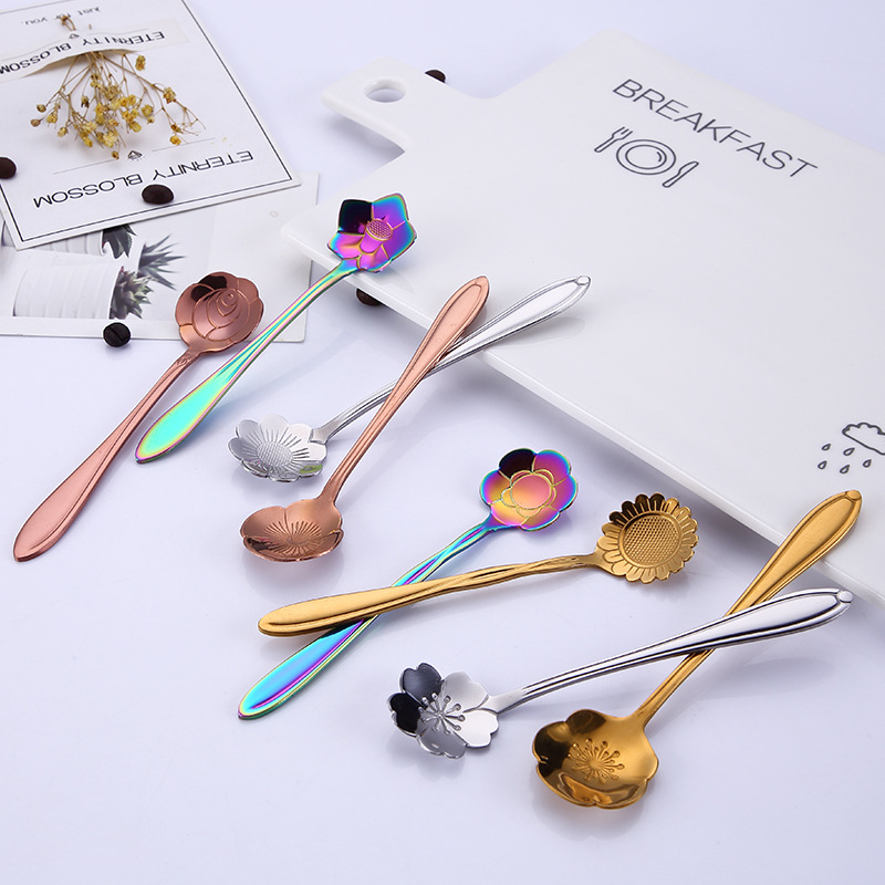 8/6Pcs Coffee Spoon 304 Stainless Steel Rainbow Stirring Milk Teaspoon Dessert Ice Cream Spoon Tableware Flowers