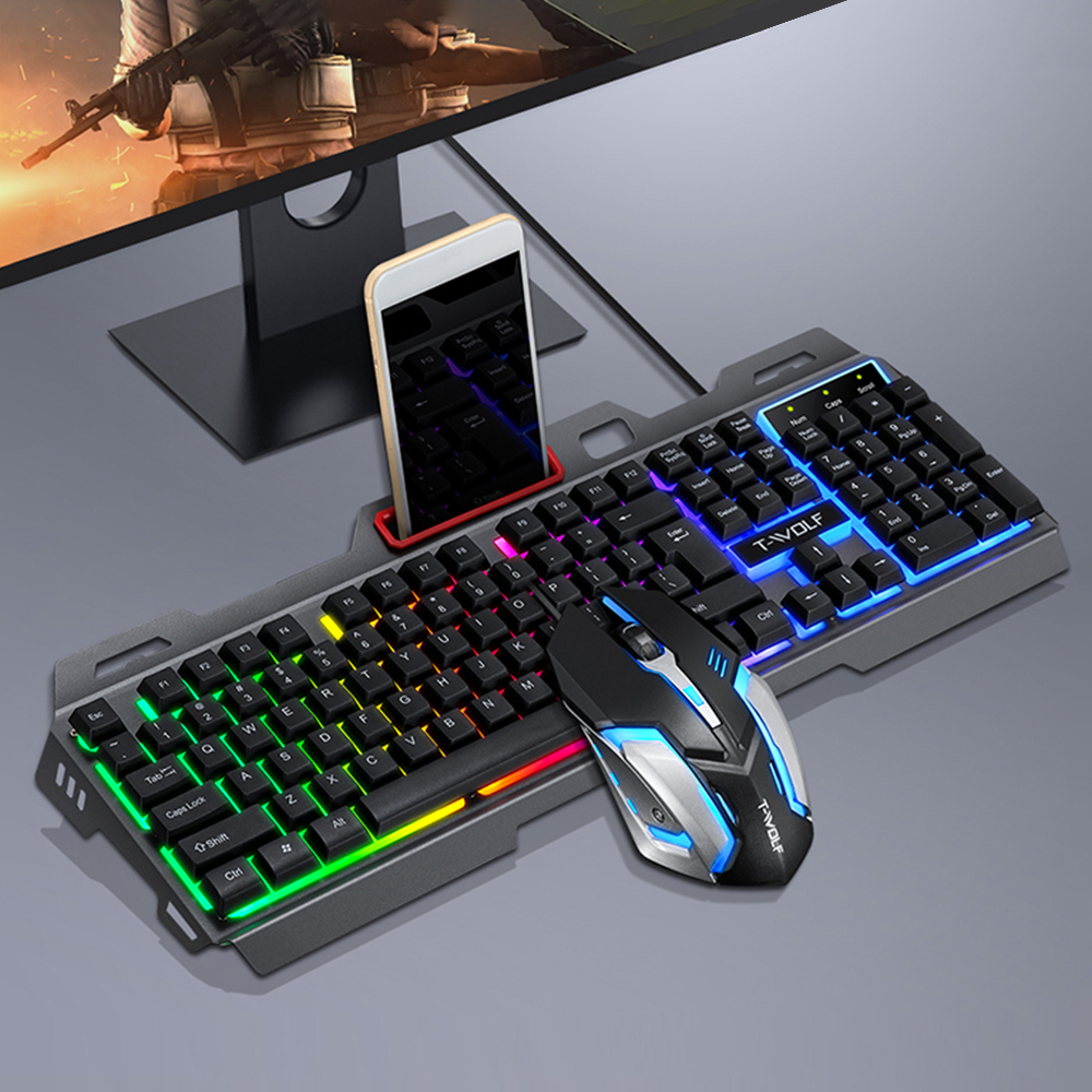 T-WOLF TF-600 Wired Keyboard Mouse Combo 104 Keys Metal Panel Gaming Keyboard Suspension Keycap 4-gear 2400DPI Mouse for Game