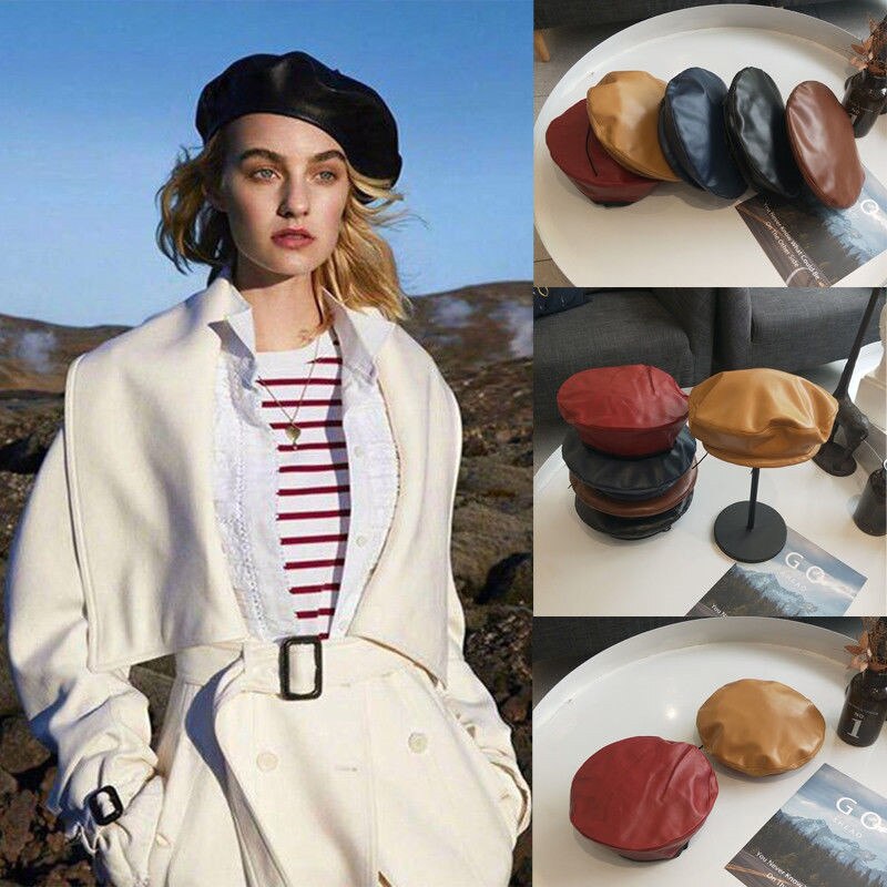 Kvinnor basker solid faux pu läder basker fransk konstnär varm mössa hatt klassisk stil
