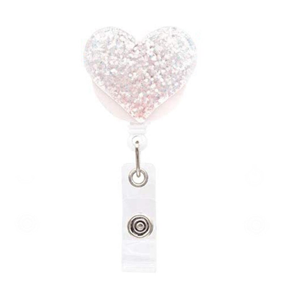 1pc Love Heart Glitter Sequins Badge Reel Retractable Badge Holder Nurse Doctor ID Card Holder Pull Key Chain Office Supplies: white