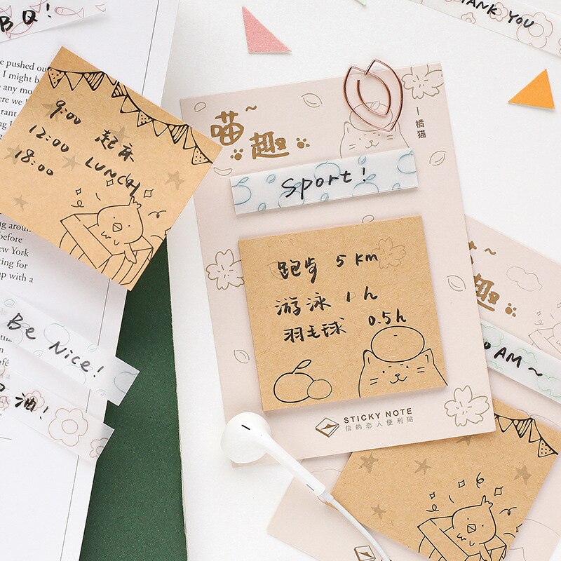 40 Stks/partij Lakmoes Paper Note Pad Stivky Note Retro Kawaii Kleine Kitten Vogel Patroon Sticky Notes Kawaii Briefpapier Memo