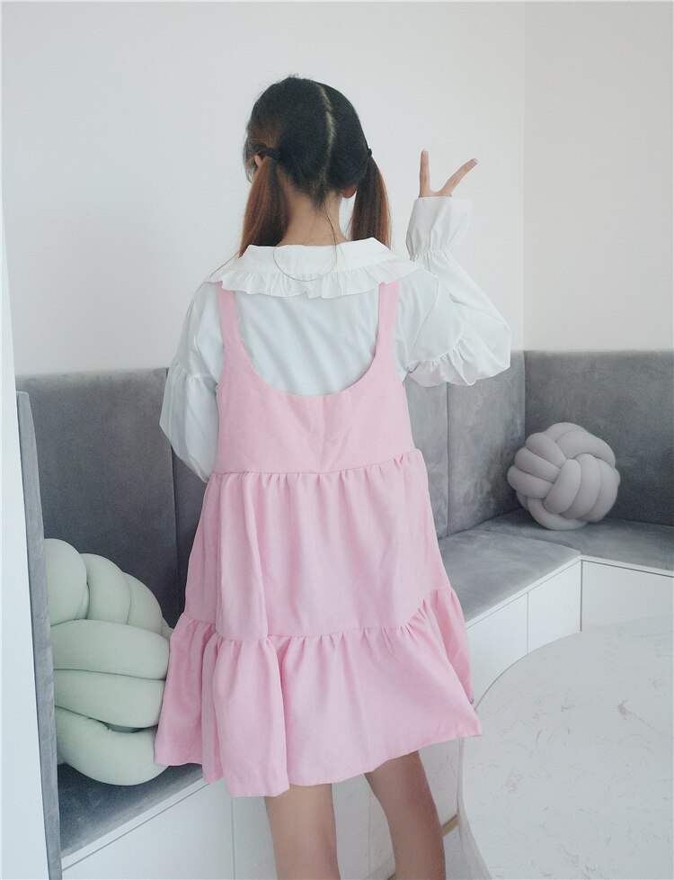 Vestido lolita, dulce y lindo, estilo kawaii, para niñas, estilo princesa, sirvienta, falda vintage con volantes, mangas abullonadas, falda roja, negra y rosa para mujer, cuello redondo.