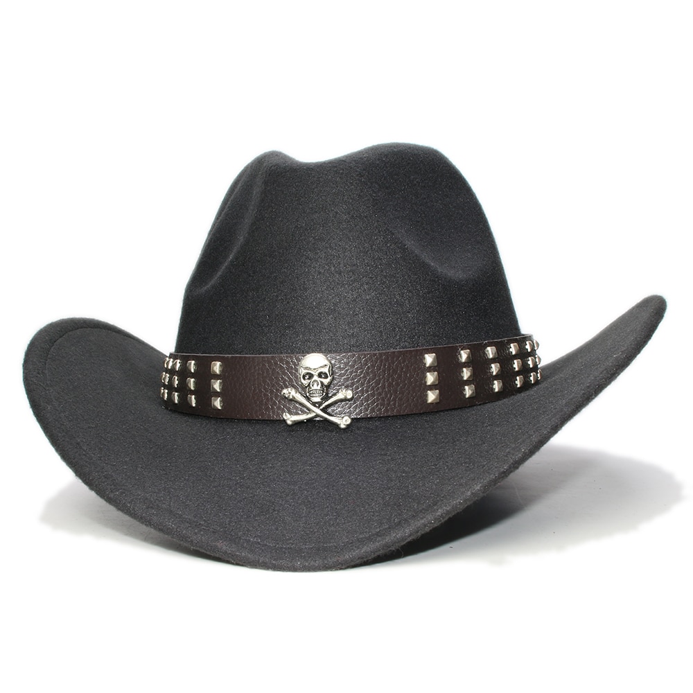Big Large Plus Size 61CM Retro Women Men Wool Wide Brim Cowboy Western Cowgirl Hat Formal Bowler Cap Skull Leather Band Band