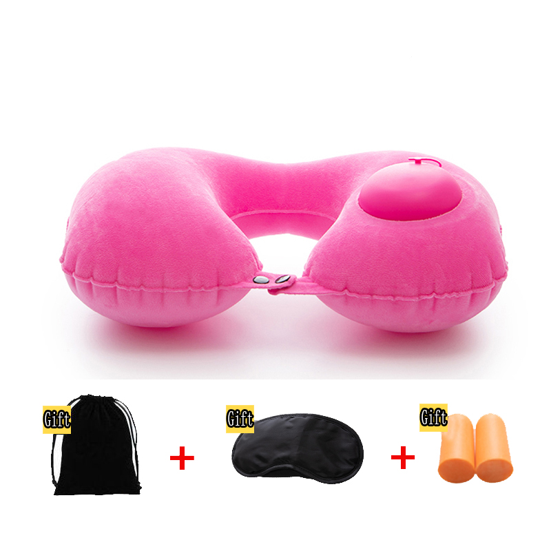 Inflatable pillow 4pc/s set Travel cervical pillow U-type automatic inflatable pillow Folding Portable Travel accessories: Pink