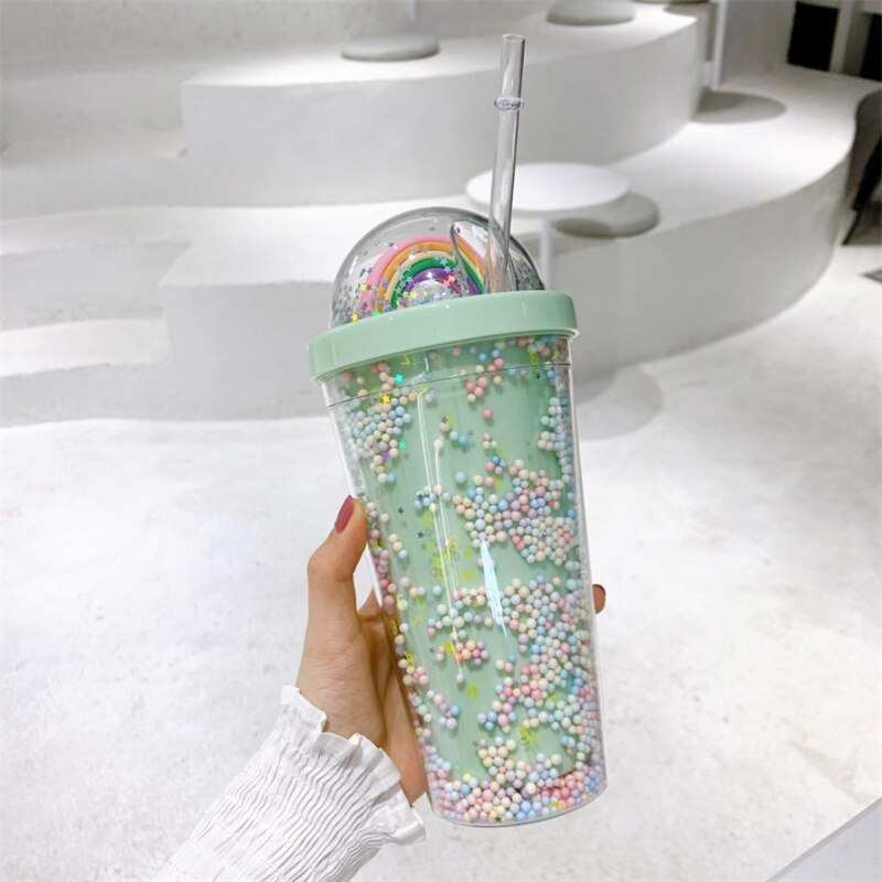 Straw Cup Double Layer Eco-Friendly Plastic Drinkware Ins Girl Water Cup Anti-fall Milk Coffee Cups For Home Office J170: 4
