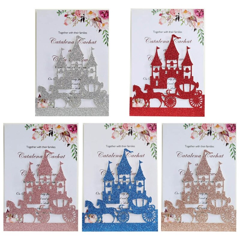 20x Wedding Invitations Card Glitter Hollow Castle Invite Envelope Bridal Shower 28GF