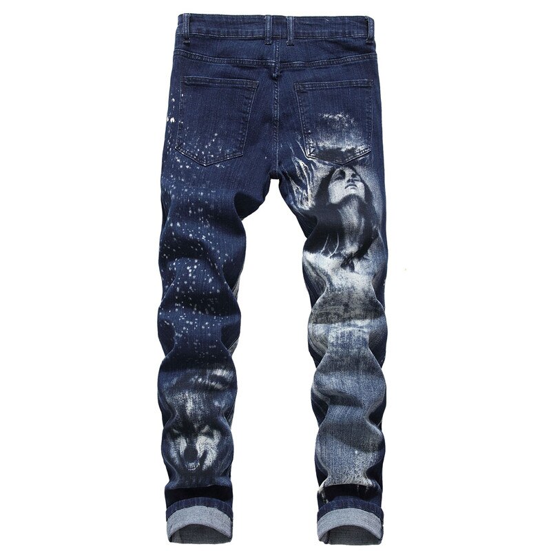 Idopy heren jeans met print, rekbaar, cool, nachtclub, feest, wolf, vrouw, patroon, 3d lange broeken
