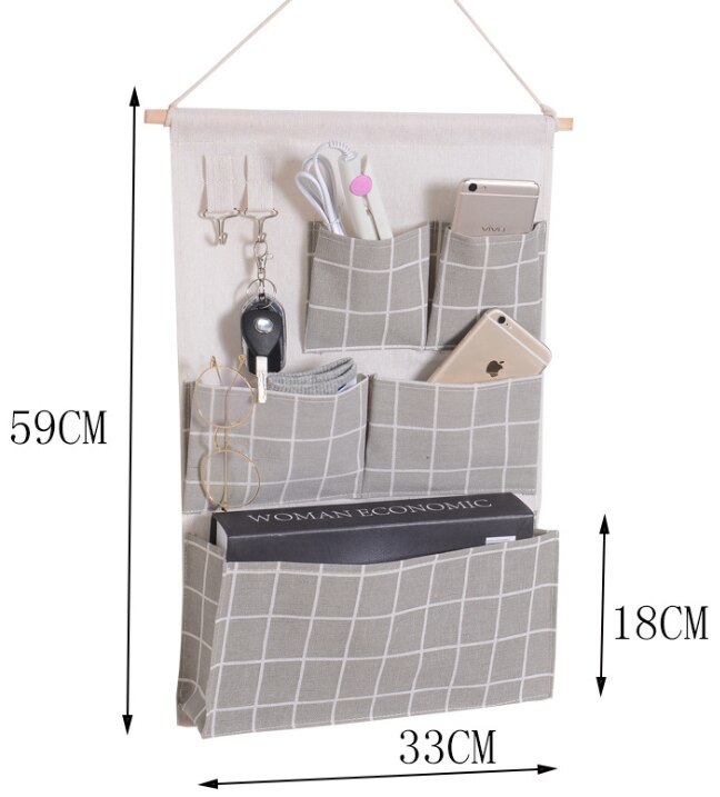 Plaid Hanging Bag Wall Closet Storage Bag with 5 Pockets and and 2 Hooks Bathroom Organizer: Gray
