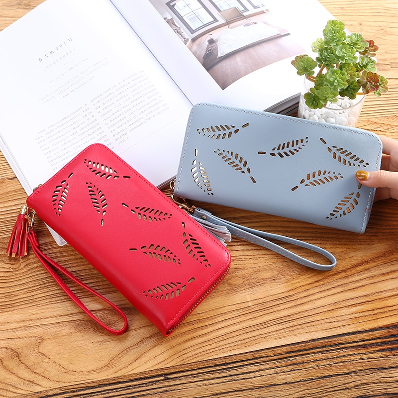 Women Wallet Luxury Leather Wallets For Women Long Zipper Coin Purses Credit Card Hollow Leaves Pouch Handbag Lady Holders Bags