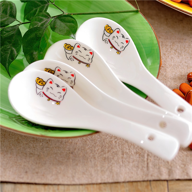 Lingură de supă din ceramică 14cm japoneze alb pisică norocoasă din porțelanul de masă veselă restaurant rechizite de bucătărie de uz casnic veselă