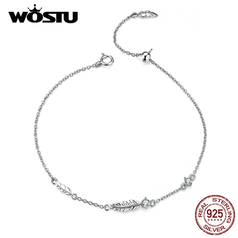 WOSTU European Style Feather Bracelets 925 Sterling Silver CZ Stone Chain Link For Women Wedding Party Silver 925 Jewelry CQB133