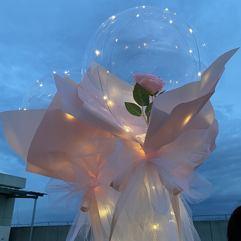 Poignée Ballon Led Avec Des Bâtons Lumineux Transparent Rose Bouquet Avec Batterie Paquet Pour Anniversaire De Mariage Saint-Valentin